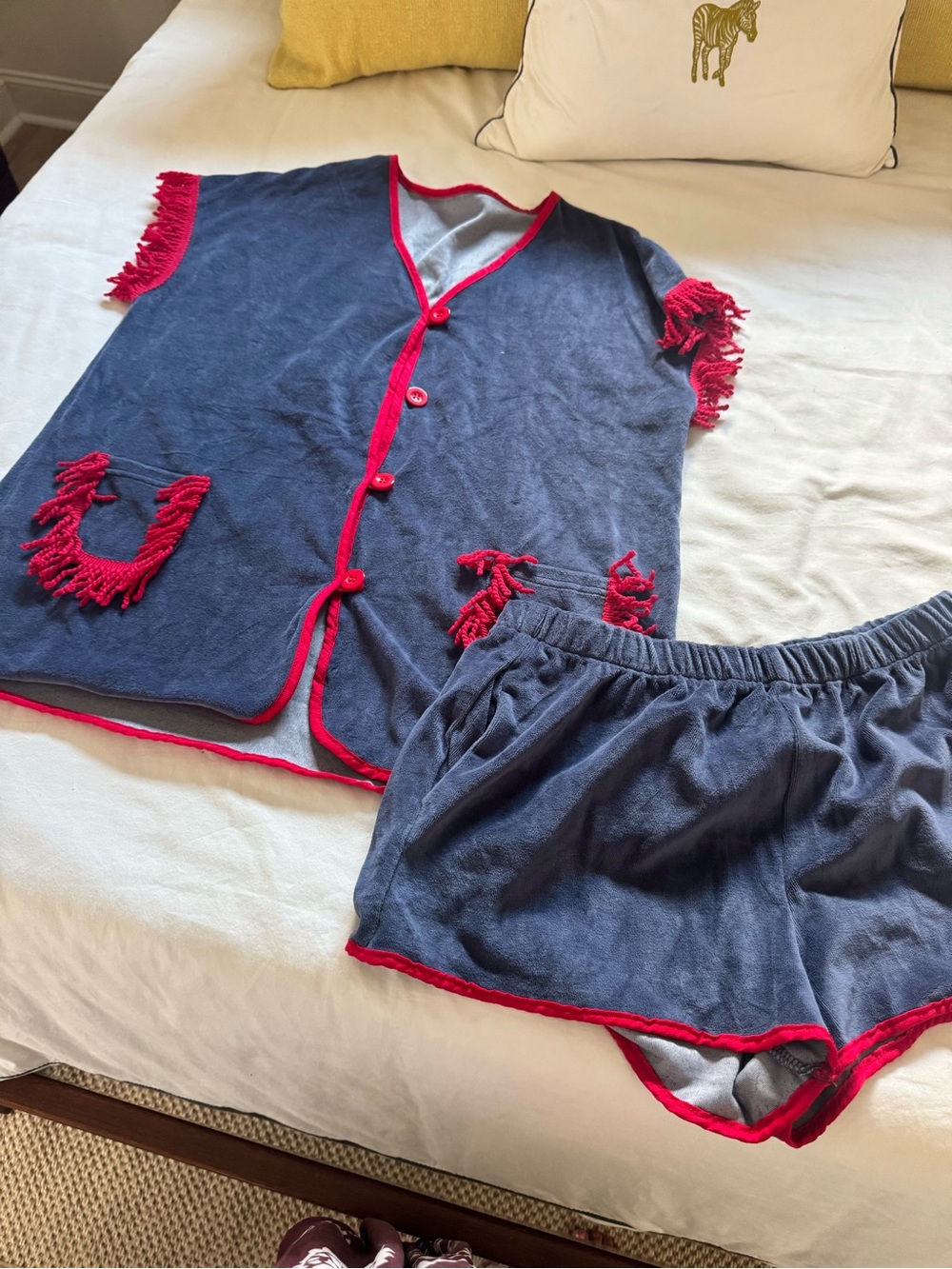 Navy Terry Short Set with Red Fringe Trim